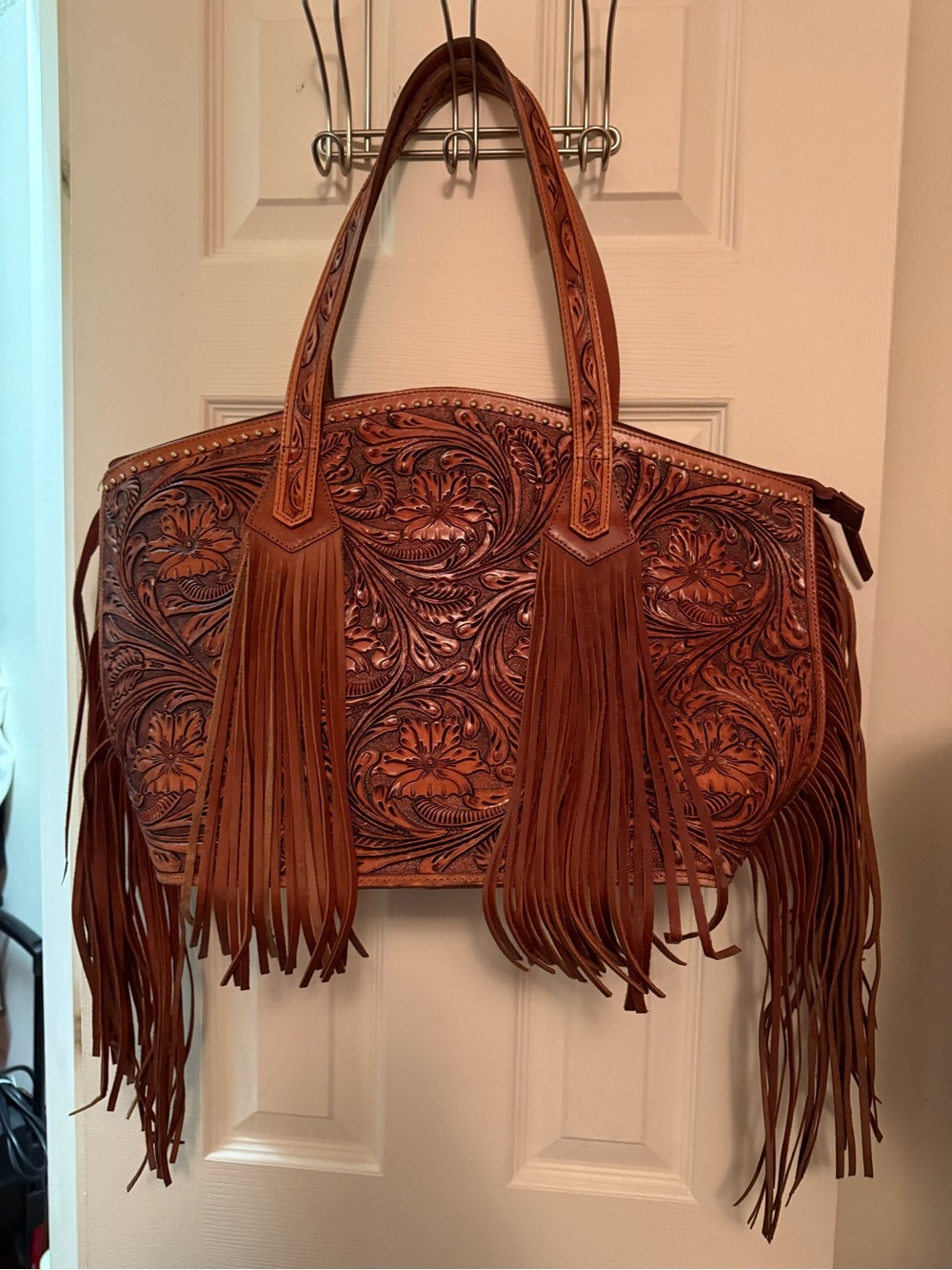 American Darling Tooled Leather Fringe Tote - Brown